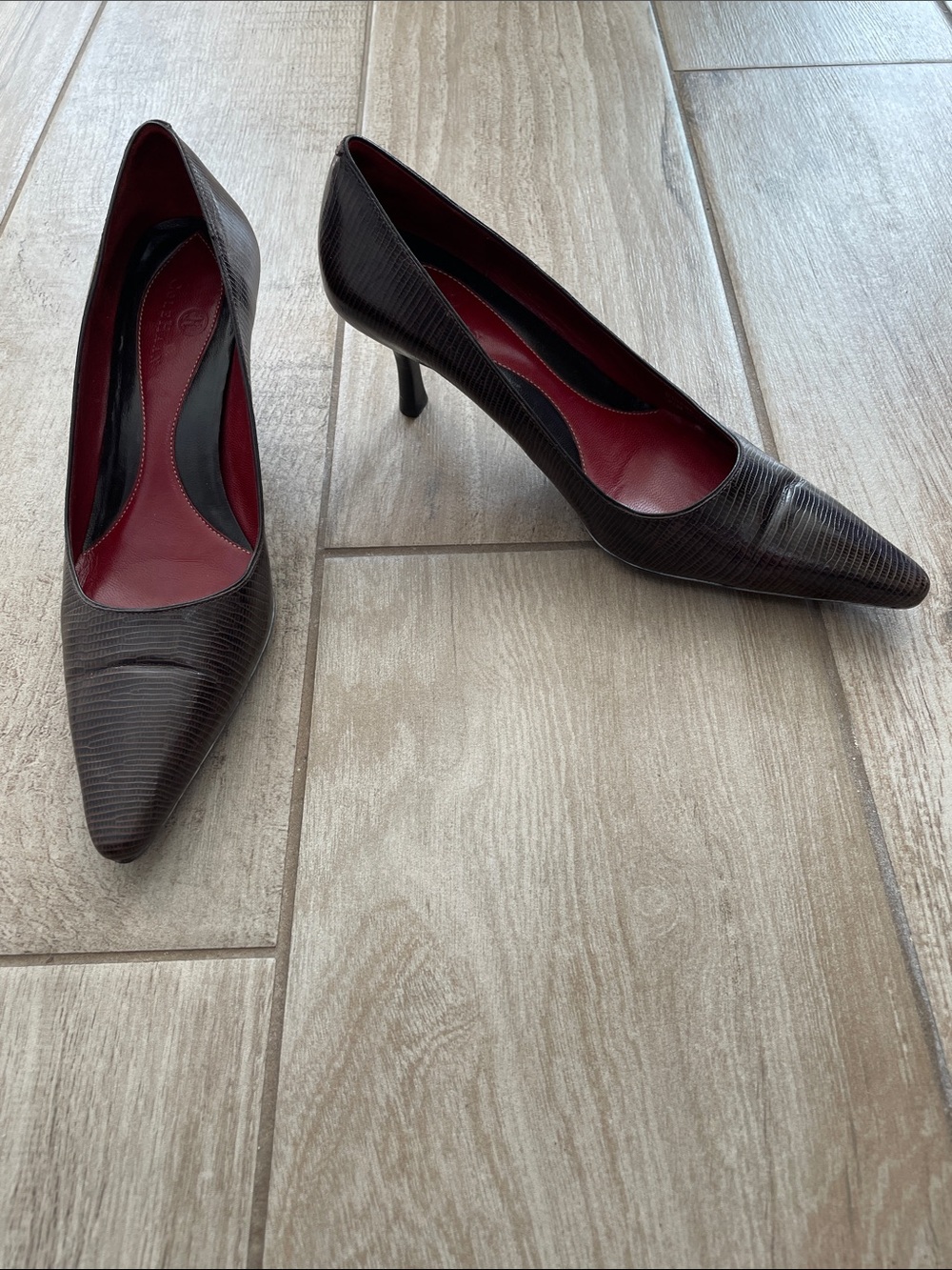 Cole Haan dark brown embossed heels, size 8 1/2